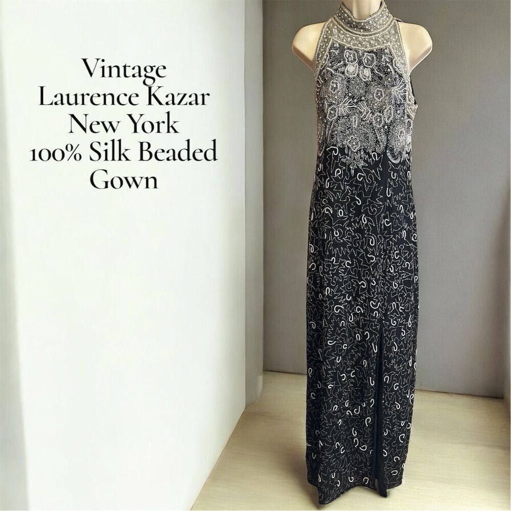 Vintage Laurence Kazar Glamorous Black White Beaded Floral Halter Long Gown